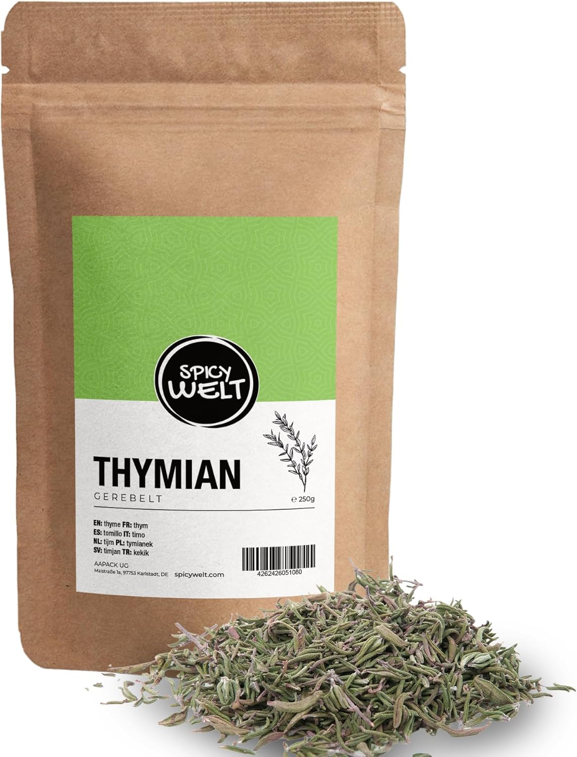Spicy Welt Thym Séché Frotté (250g) – Thym Feuilles Coupées - Essentiel Cuisine Méditerranéenne, Rôtis & Grillades - Chaud, Terreux & Aromatique - 100% Pur & Naturel, Sans Additifs
