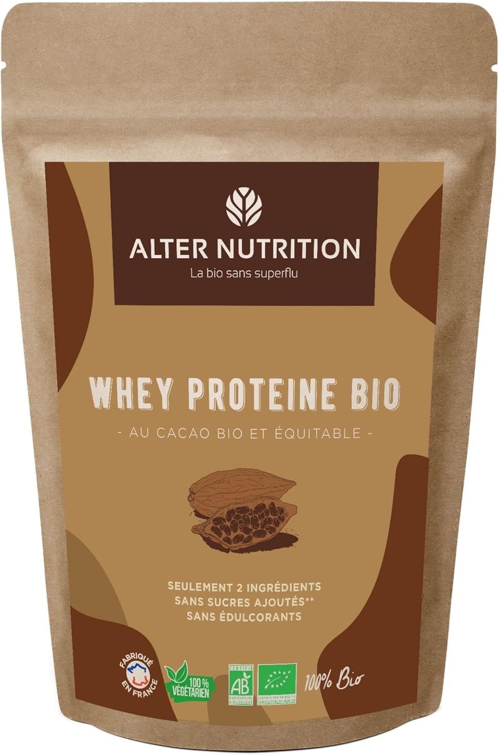 Whey Protéine Bio - Cacao - Prise De Masse - Récupération - BCAA - Lait De Vache Bio - Sans Sucres Ajoutés - Fabriqué En France - 18g De Protéines Par Scoop - Sachet De 500g Cacao 500g