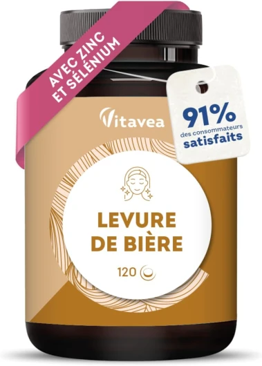 Levure de Bière 1100 mg – Efficacité Prouvée Sur les Cheveux – Pousse Cheveux, Ongles, Peau - Avec Zinc, Sélénium, Vitamines B – 120 gélules - 2 Mois – Vegan - Fabriqué en France - Vitavea