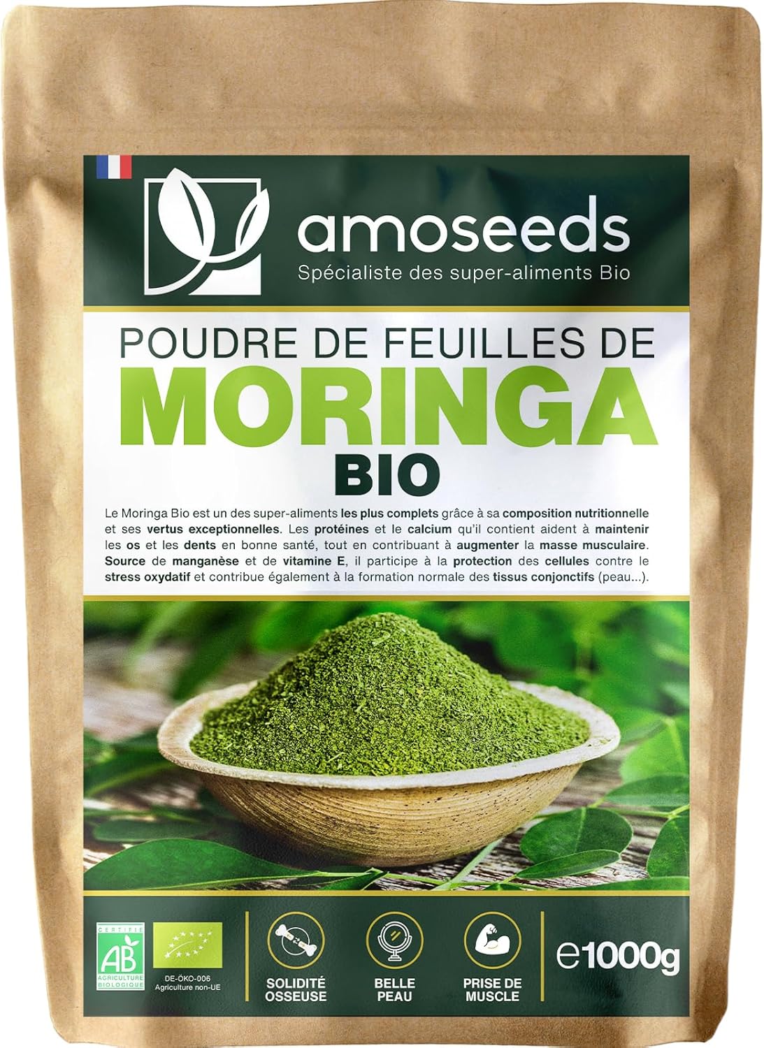 Poudre de feuilles de Moringa Bio 1KG - Vitamine A, Antioxydant, Détox, Peau - Qualité Supérieure