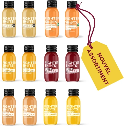 Pack découverte de 6 saveurs (12x60ml) - 2 Gingembre, 2 Gingembre Curcuma, 2 Gingembre Collagène, 2 Gingembre Betterave, 2 Manuka, 2 Curcuma Végan - 100% Naturel - Sans Conservateurs Discovery Pack 60 ml (Lot de 12)