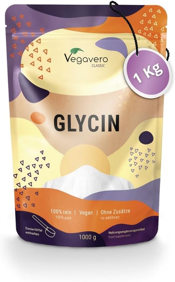 Glycine Poudre Vegavero® - 1000g (1kg) - 100% Pure, Sans Additifs et Vegan - Analysé en Laboratoire - Synthèse du Collagène & Aide au Sommeil - Avec Cuillère à Mesurer 1.00 kg (Lot de 1)
