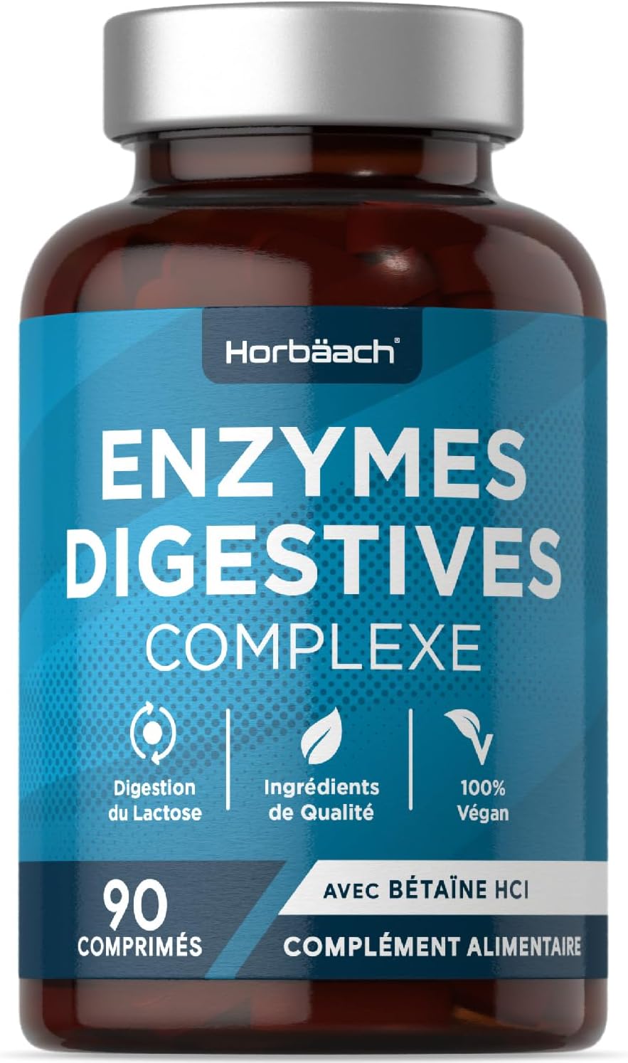 Enzyme Digestives Complexe avec Chlorhydrate de Bétaïne - Lactase, Protéase, Cellulase, Amylase, Lipase et Cellulase pour la Digestion - 90 Comprimés Végétaliens - by Horbaach