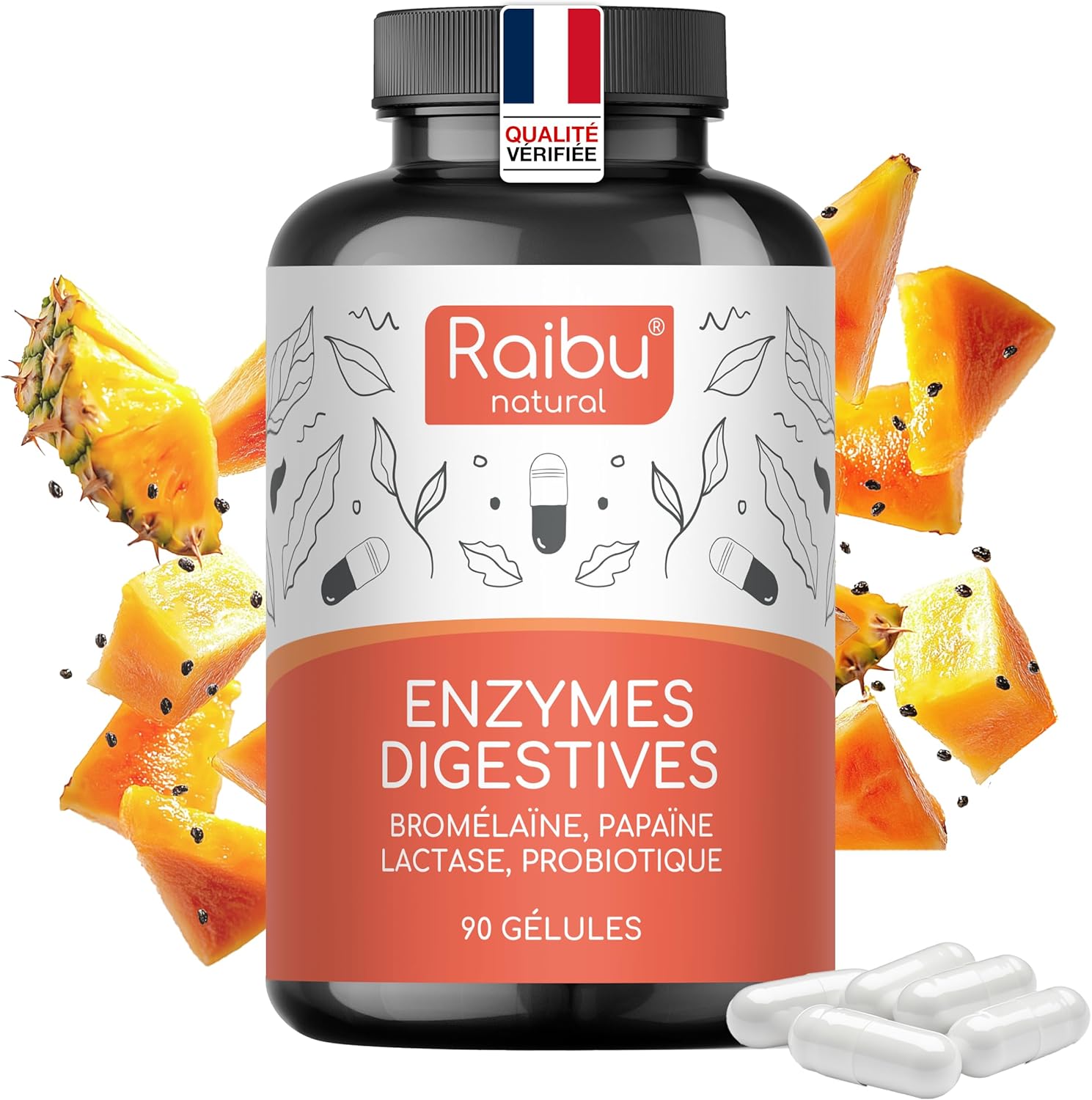 Enzymes Digestives - Lactase, Bromélaïne, Papaïne, Protéase, Amylase, Lipase et Probiotique - 90 Gélules - Pour la Digestion, Naturel & Testé en Laboratoire, Complexe Enzymatique Raibu