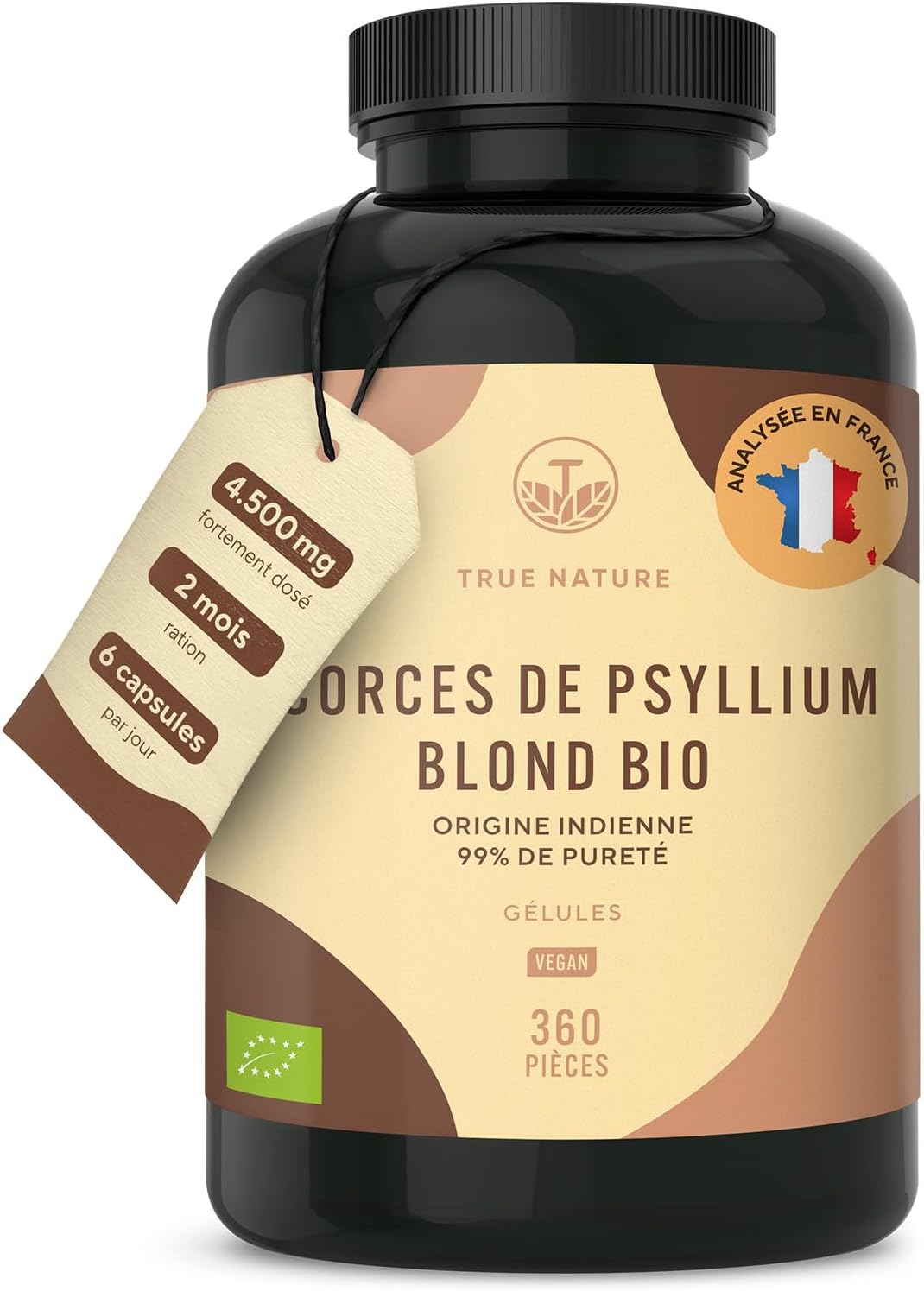 Psyllium Blond BIO - 4.500mg par jour - 360 Gélules pour 2 mois - Téguments purs à 99% - Riche en Fibres - Digestion & Fonction Intestinale - Vegan, Sans Additifs, Gluten & Lactose - TRUE NATURE