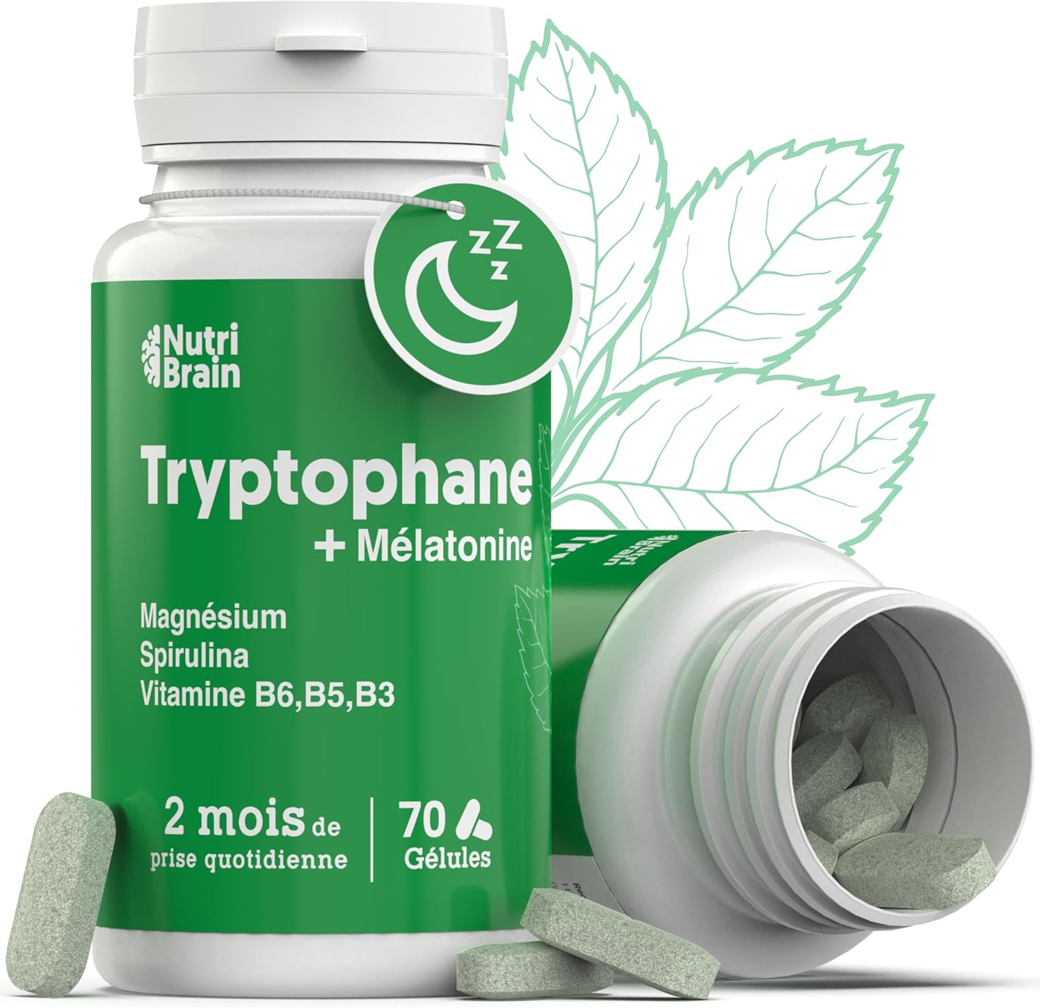 Mélatonine + Tryptophane de Qualité Pharmaceutique - Produit Haute Puissance - Sommeil Parfait, Énergie, Concentration, Bien-Être, Réduction de l'Anxiété, Anti-Stress - Avec Spiruline, Vit B6, B5, B5