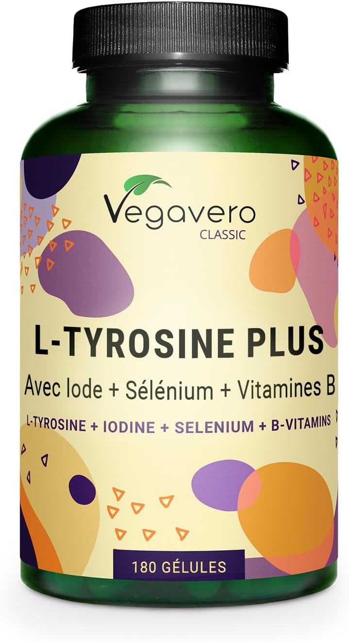 L-Tyrosine Plus 1200 mg - THYROIDE* - Avec Iode, Selenium et Vitamine B - Énergie + Fatigue Mentale - 180 Gélules - VEGAN et SANS ADDITIFS - Vegavero®