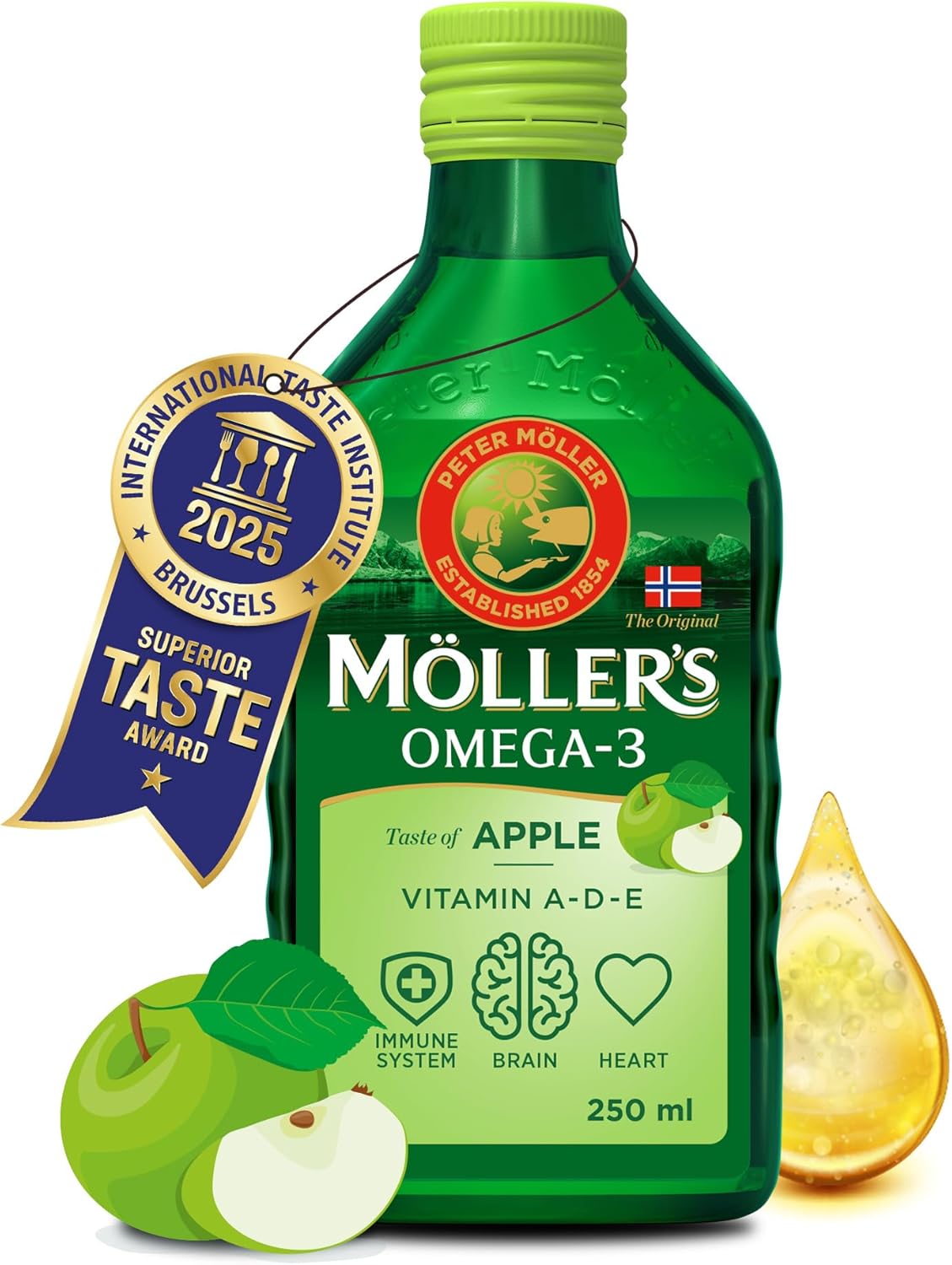 Moller’s ® - Huile de foie de morue oméga 3 - Compléments alimentaires oméga-3 avec EPA, DHA, vitamines A, D et E - Prix Superior Taste - Marque vieille de 166 ans - Pomme - 250 ml Pomme 250 ml (Lot de 1)