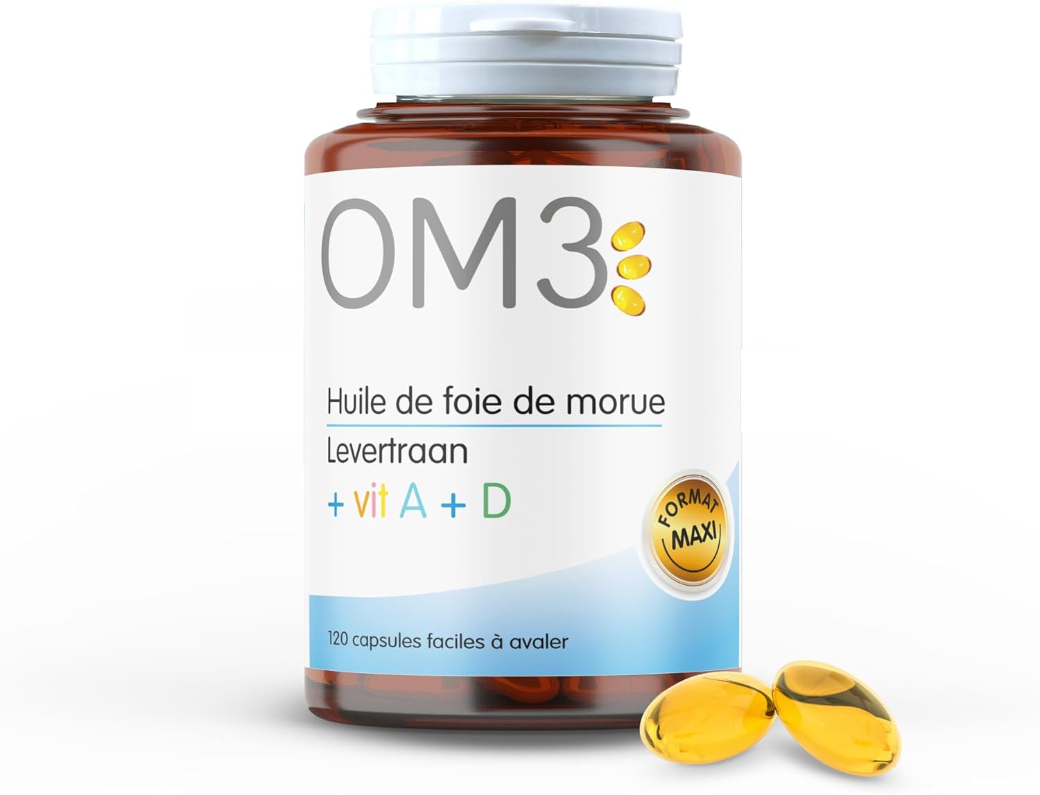 Huile de Foie de Morue, Vitamine A et D -Défenses immunitaires - Vision -Ossature normale - Maxi format -120 capsules 120 unité (Lot de 1)