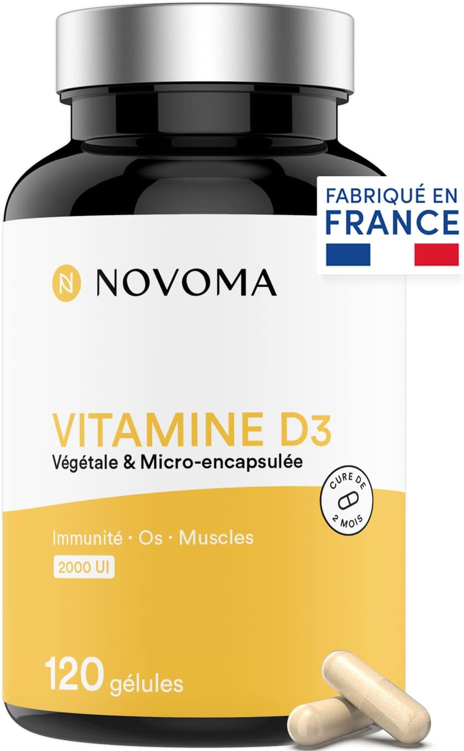 Vitamine D3 2000 UI/j, Vitamine D Naturelle Micro-encapsulée - Haute Absorption, Système Immunitaire, Santé des Os & Muscles, Cure de 2 mois, 120 gélules, Fabriqué en France Novoma - 120 Gélules