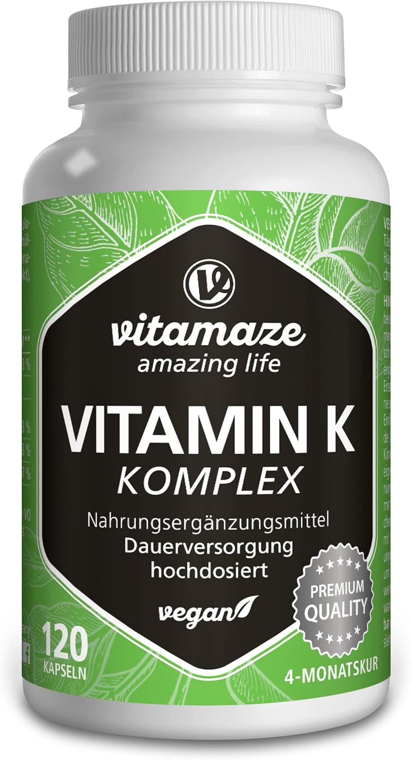 Vitamine K Complexe à Haute Dose et Végétalien, K1 1.000 mcg + K2 Ménaquinone (1.000 mcg MK4 + 200 mcg MK7), 120 Capsules pour 4 Mois, Meilleure Biodisponibilité, sans Additifs Vitamin K Complex