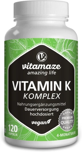 Vitamine K Complexe à Haute Dose et Végétalien, K1 1.000 mcg + K2 Ménaquinone (1.000 mcg MK4 + 200 mcg MK7), 120 Capsules pour 4 Mois, Meilleure Biodisponibilité, sans Additifs Vitamin K Complex