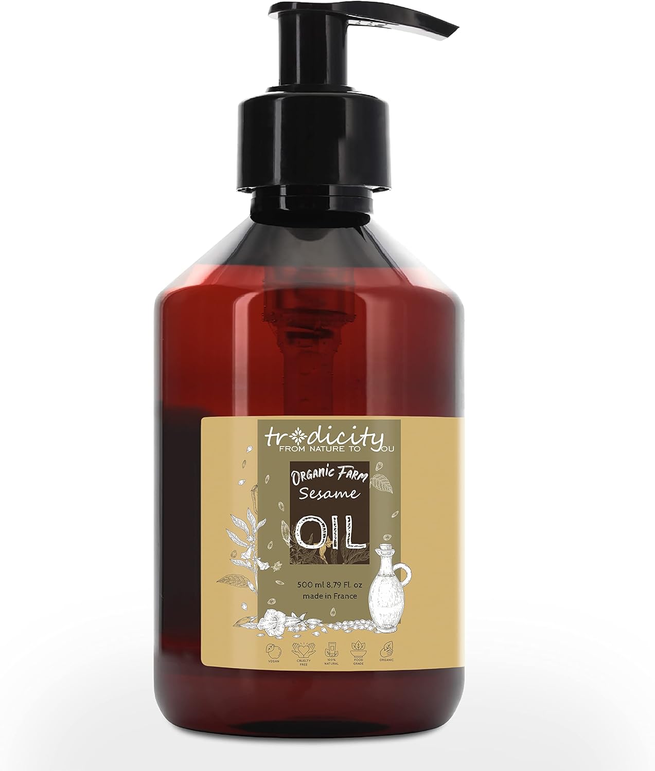 Huile de Sésame BIO Graines de Sésame 100% Pure, Naturelle et Pressée à Froid - Huile de Sesame Certifié Biologique, Cosmétique Maison Naturelle (Cheveux, Peau) - 500 ml