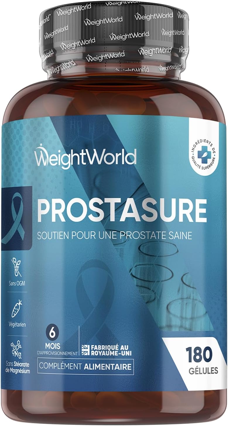 Prostasure 180 Gélules, avec Saw Palmetto Palmier Nain, Graine de Courge Citrouille, Zinc, Vitamine B6, Vitamine D3 et Feuilles d'Ortie, 6 Mois d'Approvisionnement Prostasur pour Homme