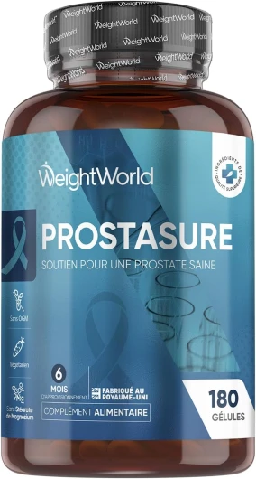 Prostasure 180 Gélules, avec Saw Palmetto Palmier Nain, Graine de Courge Citrouille, Zinc, Vitamine B6, Vitamine D3 et Feuilles d'Ortie, 6 Mois d'Approvisionnement Prostasur pour Homme