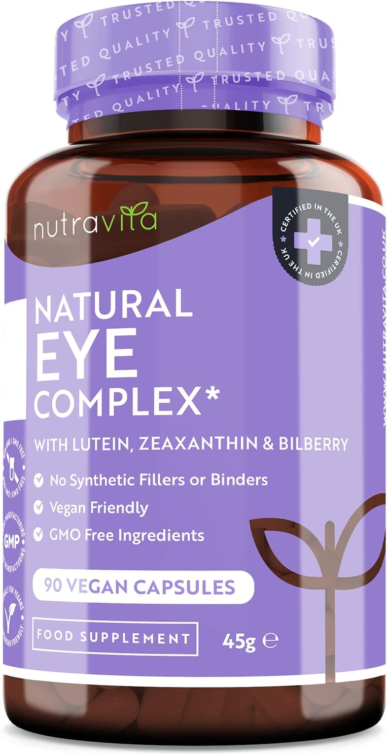 Complément santé pour les yeux − contient de la lutéine, zéaxanthine, du zinc, de l'extrait de myrtille et de la vitamine A et B12 – maintien d’une bonne vision − 90 gélules − Fabriqué par Nutravita