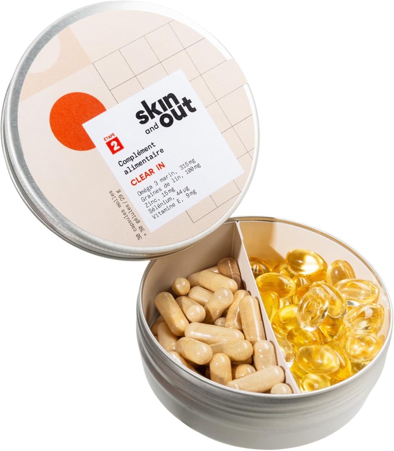 Skin & Out - Complément Alimentaire Stop-Boutons - Soulage l'inflammation de la peau - Cure 1 mois - Acné hormonale - Régulation du sébum - Adapté aux peaux sensibles - Made in France - Peau avec acné Etape 2: Clear In - Stop-boutons