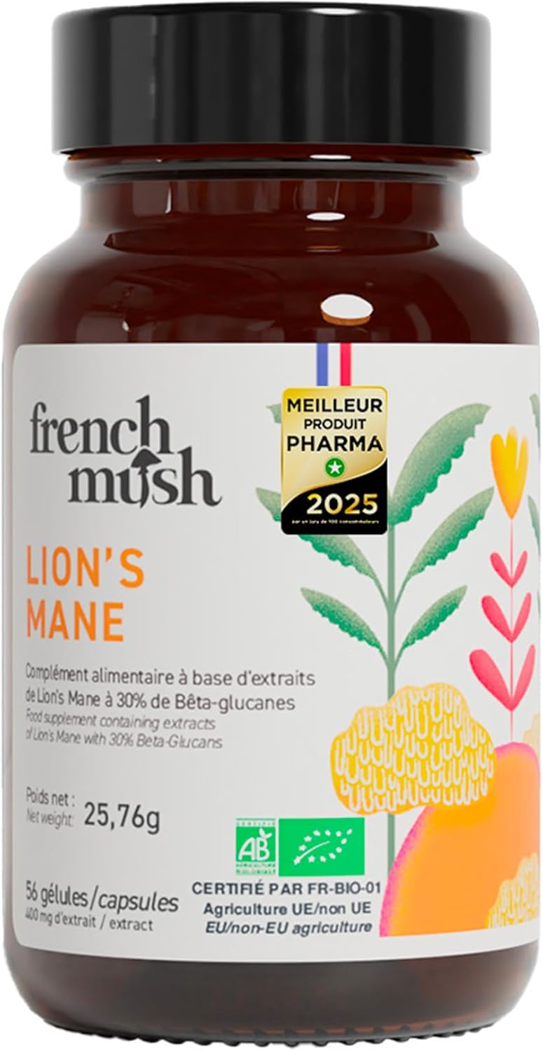 Lions Mane Champignon Bio 8000 mg - 56 Gélules Vegan - Pour le Cerveau, Bien-Être, Stabilité Humeur - 1 à 2 Gélules/Jour - Extrait Crinière de Lion Testé en Laboratoire