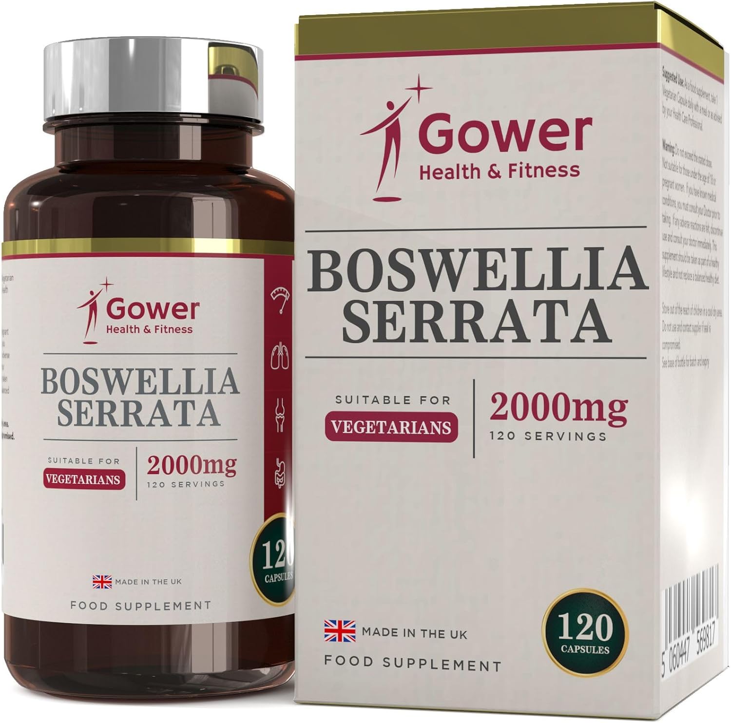 GH Boswellia Serrata Gelule - 120 Boswellia Haute Teneur Gélule - 5:1 Extract 2000mg Boswelia par Portion - Sans OGM Sans Gluten Sans Produit Laitier - Fabriqué au Royaume-Uni 120 unité (Lot de 1)