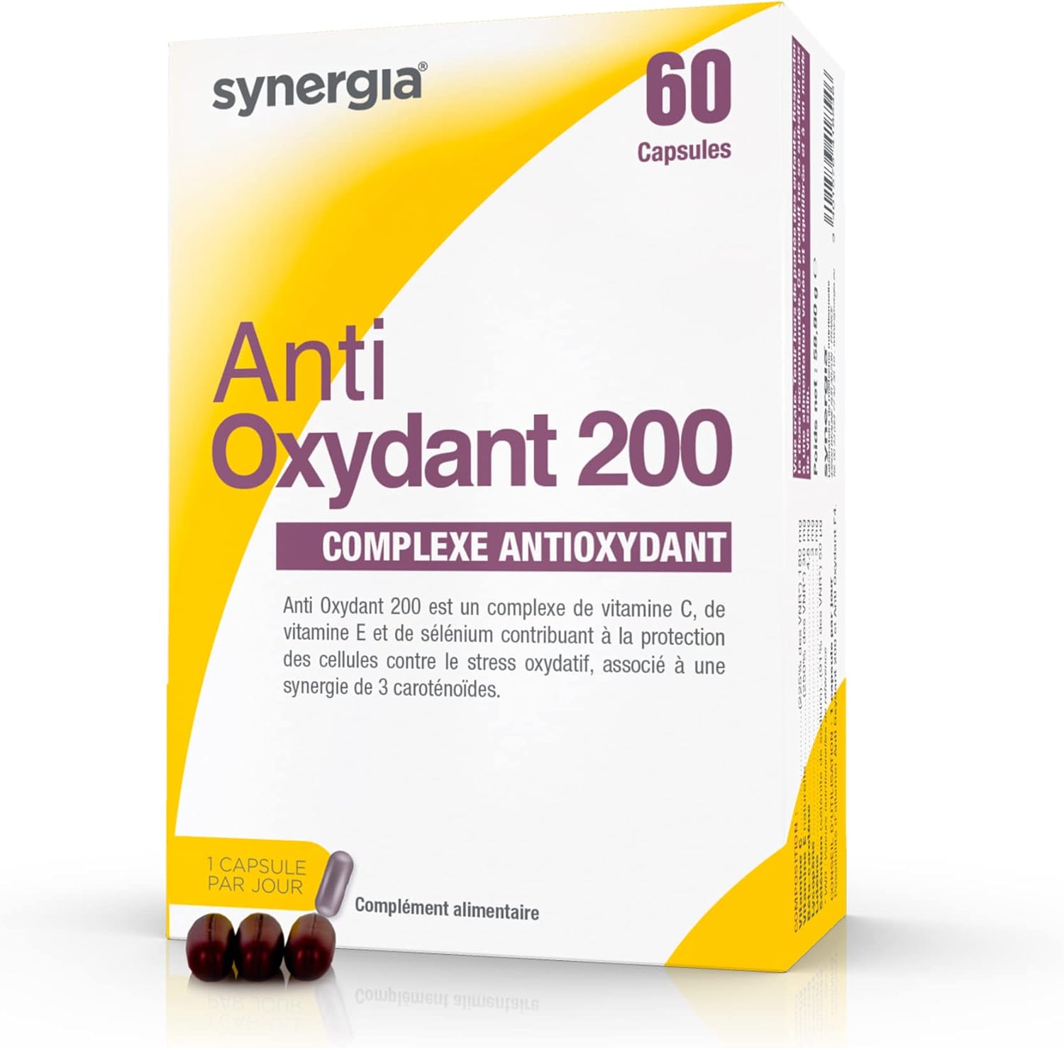 ANTIOXYDANT 200 60 Capsules - Complexe de Vitamine C, Vitamine E et de Sélénium - Contribue au ralentissement de l’agression cellulaire liée aux radicaux libres - Laboratoire SYNERGIA