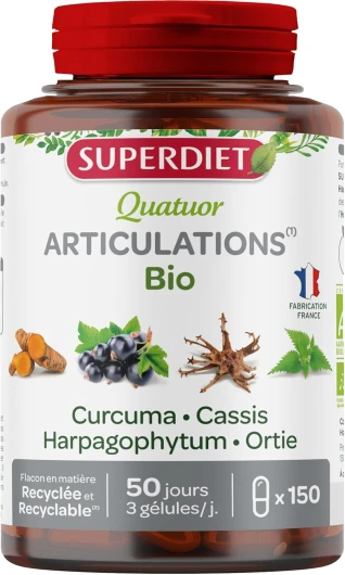 QUATUOR ARTICULATIONS BIO – Articulation – Curcuma, Cassis, Harpagophytum, Ortie – Fabrication française – 150 gélules