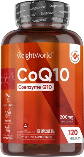 Coenzyme Q10 200mg, 120 Gélules Vegan pour 4 Mois d'Approvisonnement, Ubiquinone Coq10 Fermenté sans Gluten et sans Stéarate de Magnésium
