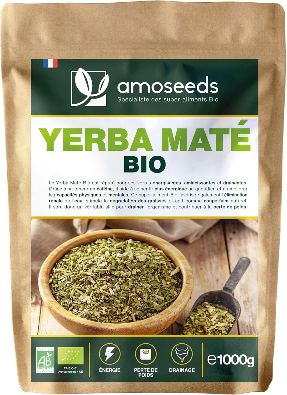 Yerba Maté BIO 1KG - Maté Vert non fumé - 100% feuilles, sans tiges - Boost Énergie, Alternative au Café - Qualité Supérieure