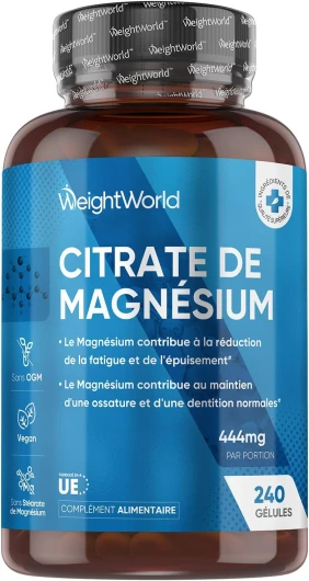 Citrate de Magnésium, 240 Gélules Vegan - 440 mg de Magnésium Élémentaire - Sans Gluten, Sans OGM - Fabriqué en UE