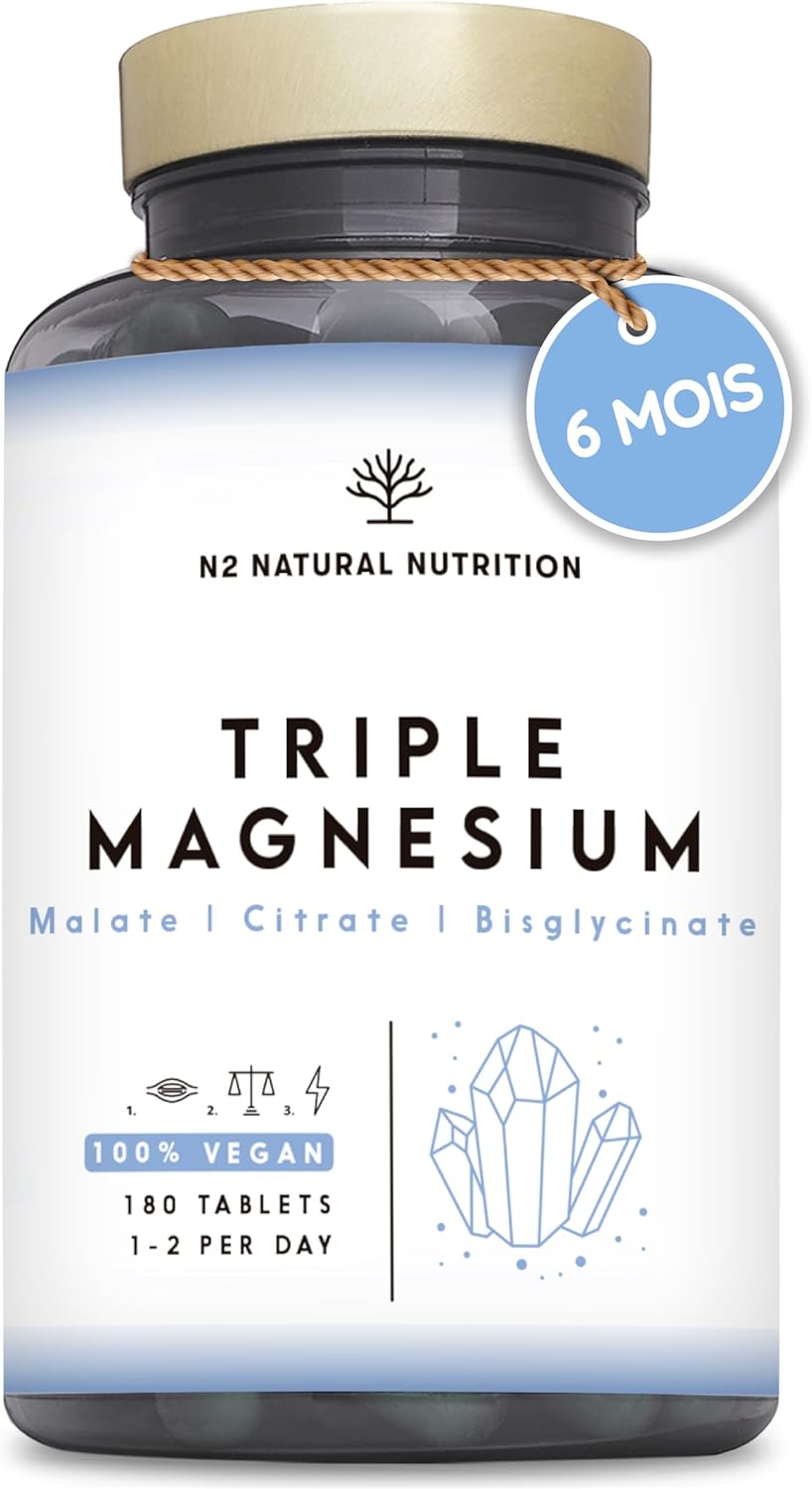 Triple Magnésium Bysglicinate, Citrate de Magnesium et Magnesium Malate - 180 comprimés (6 mois) Multiples Bienfaits: Digestion, Muscles, Nerveux - Anti Stress et Fatigue - 220 mg - N2 Natural Nutrition 180 unité (Lot de 1)