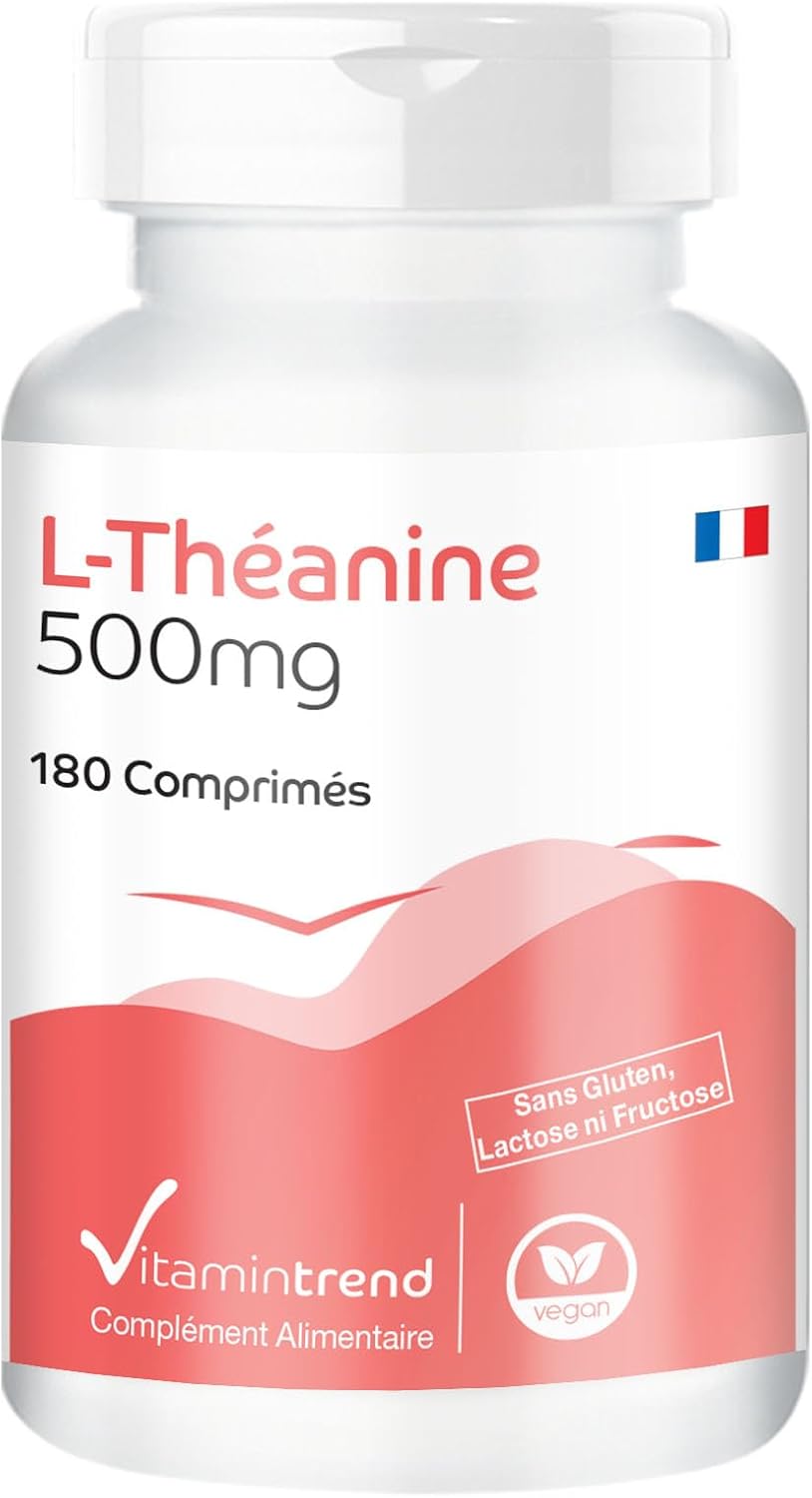 L-Théanine 500mg - ! POUR 6 MOIS ! - Boite de 180 comprimés – Végan - Acide aminé - Vitamintrend®