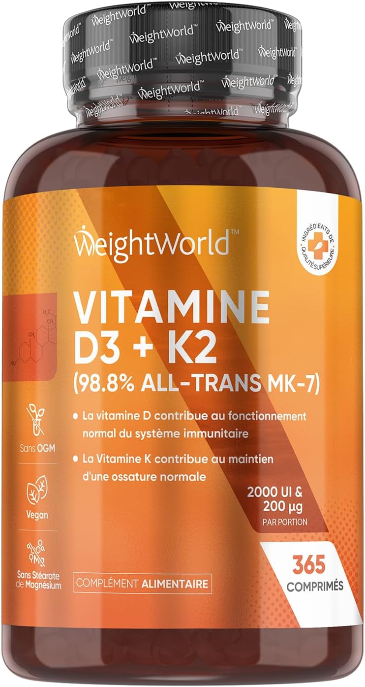Vitamine D3 K2 MK7 ALL TRANS, 365 Comprimés Vegan pour 1 An, Combinaison Vit D3 2000 ui Cholécalciférol avec Vitamine K2 200μg Ménaquinone, sans Stéarate de Magnésium