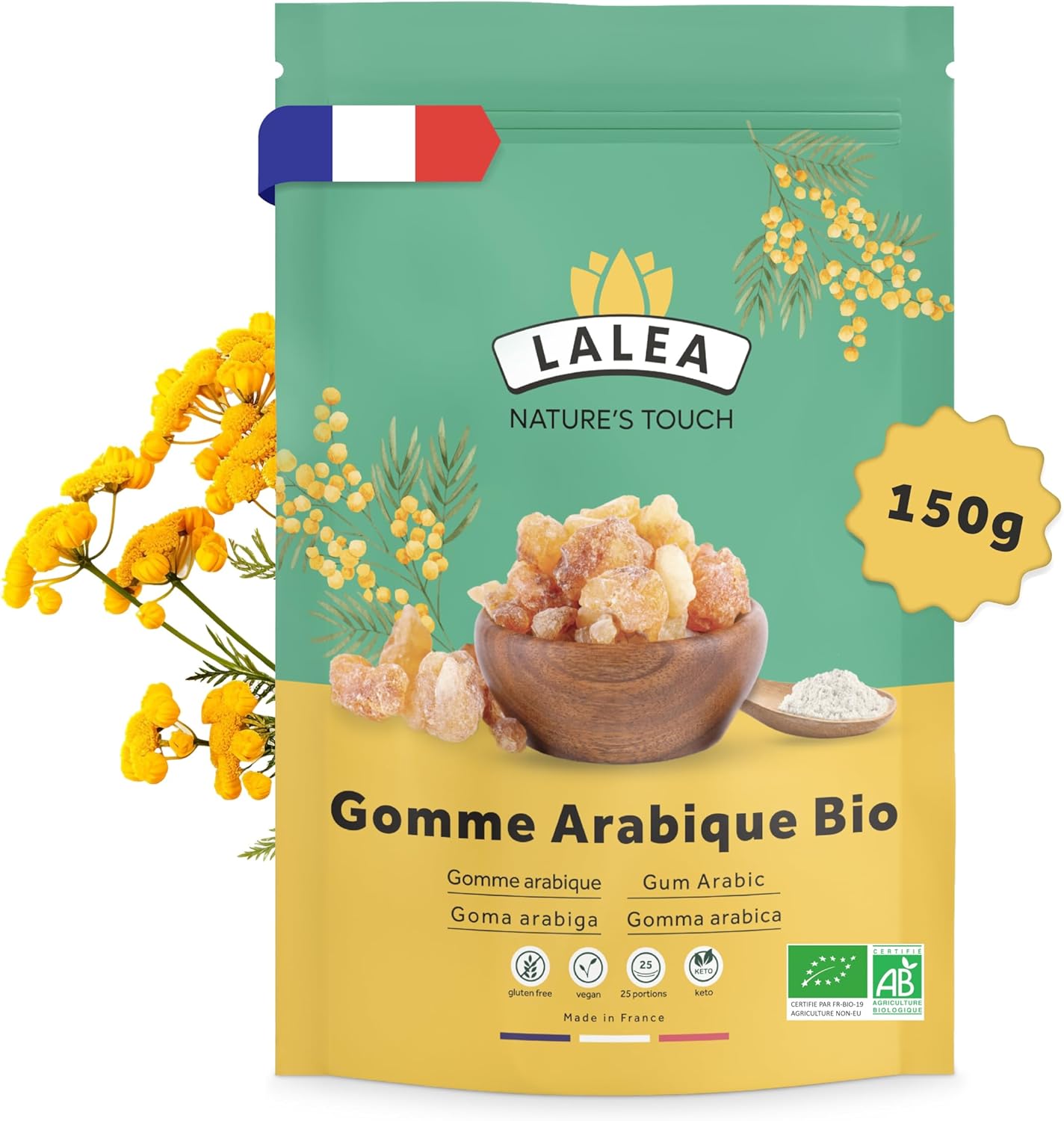 Gomme arabique bio en poudre, Poudre de fibre alimentaire de gomme d'acacia bio 150g, Végétalien et Keto, Sans Gluten, 90% de fibres