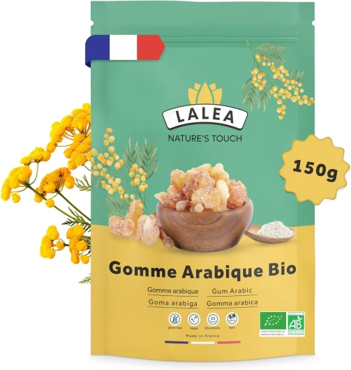 Gomme arabique bio en poudre, Poudre de fibre alimentaire de gomme d'acacia bio 150g, Végétalien et Keto, Sans Gluten, 90% de fibres