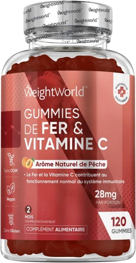 Fer Vitamine C -120 Gummies Vegan (4 Mois), Alternative aux Fer Gélules & Comprimés, Goût Naturel de Pêche, Sans Gluten & Sans OGM