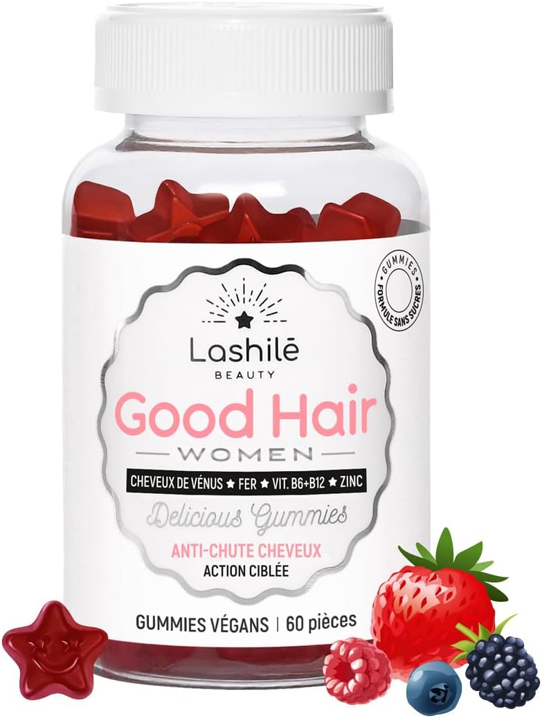 Good Hair Women - Anti-Chute de Cheveux -Compléments Alimentaires - Made in France - Cheveux de Venus, Biotine, Fer, Zinc, MSM, Vitamine B6, B12 - Cure 1 mois - 60 Gummies 1 unité (Lot de 1)