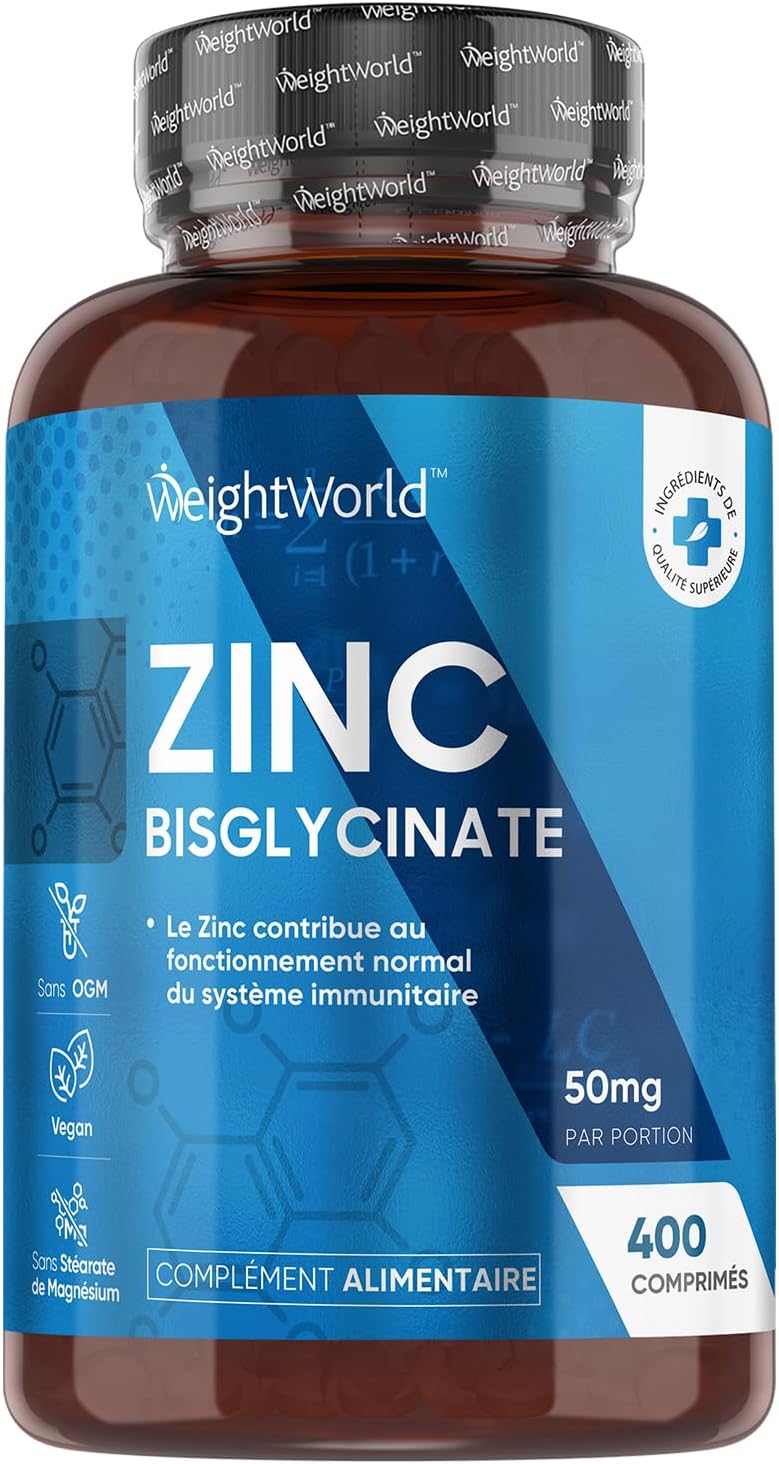 Zinc Bisglycinate 400 Comprimés Vegan, 1 Comprimé Tous les 2 Jours Soit 12,5 mg par Jour, Zinc Complement pour Homme et Femme, sans Stéarate de Magnésium