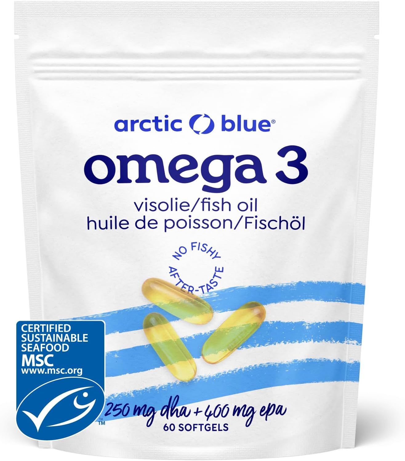 Arctic Blue Oméga-3 Huile de Poisson 60 Capsules — 1200mg Huile de Colin d’Alaska par Capsule (400mg d’EPA + 250mg de DHA) — Certifiée MSC, Forme Triglycéride, Fraîcheur Maximale, Sans Goût de Poisson