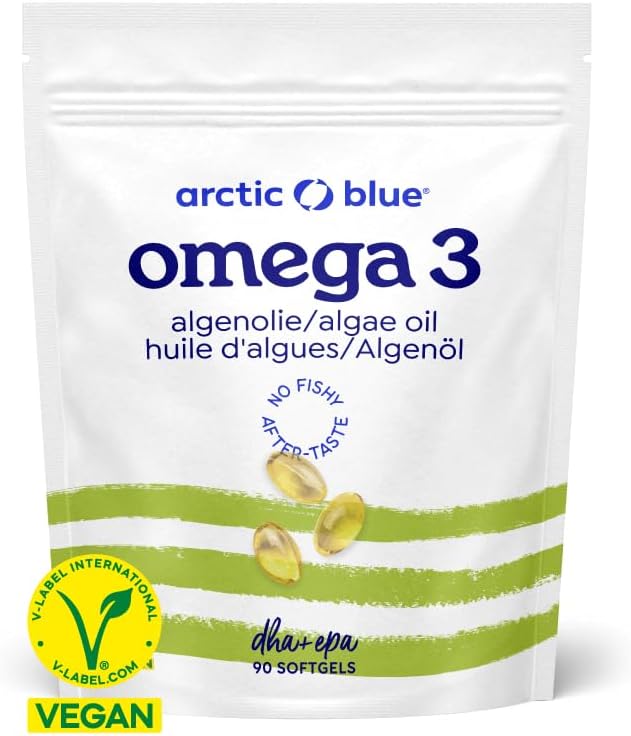 Arctic Blue Oméga-3 Végétal 90 Capsules — 420 mg de DHA + 140 mg d’EPA par Jour — Huile de Microalgues Durable — 100% Vegan, Haute Pureté, Sans Goût, Capsules d’Algues