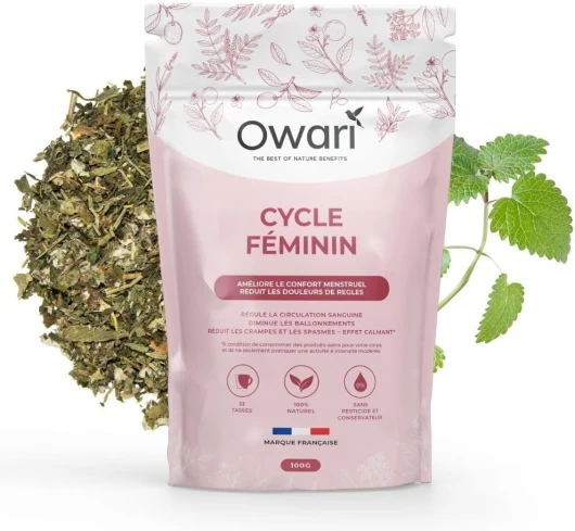 OWARI CYCLE FÉMININ - Tisane Anti Douleur Regle Femme - Infusion Pour Les Regles Douleureuses et Confort Menstruel - Tisane Feuille de Framboisier en Vrac 100g - 100% Naturel et Produit en France