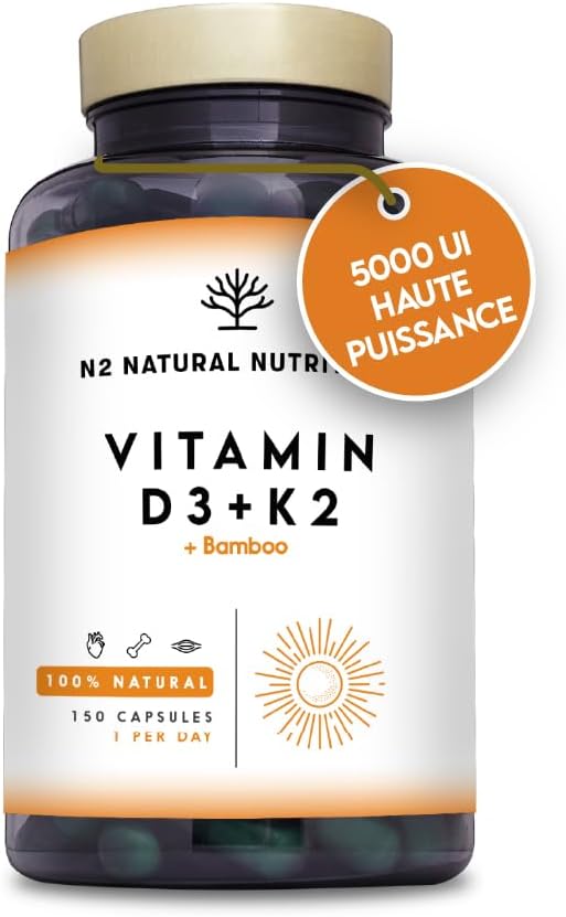 Vitamine D3 K2 Dosage Élevé Naturelle - Vitamine D3 5000 iu + Vitamine K2 MK7 200μg + Silicium Contribue au Fonctionnement Système Immunitaire les Os et les Dents 150 Capsules N2 Natural Nutrition