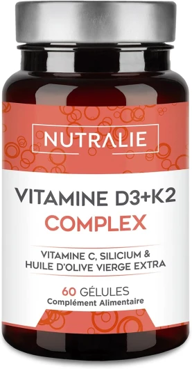 Vitamine D3 K2 (MK7) Haute Dose 10000 UI - Vit C + Huile d'Olive - 20 Mois Traitement - Os Muscles Système Immunitaire - Vitamine D BIO-disponible avec Vitamine K2 C et Silicium - 60 Gélules NUTRALIE