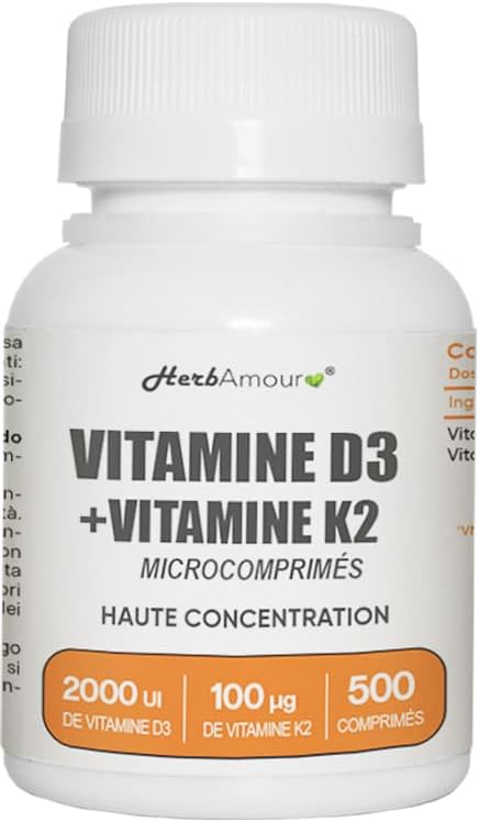 VITAMINE D3 K2 (Stock Pour 1 an et 4 Mois) 500 Micro-Comprimés Haute Dose et Absorption I Vitamine D3 de 50 μg de 2.000 U.I - + Vitamine K2 de 100 μg - Sans Gluten, Lactose, Sucres et Soja