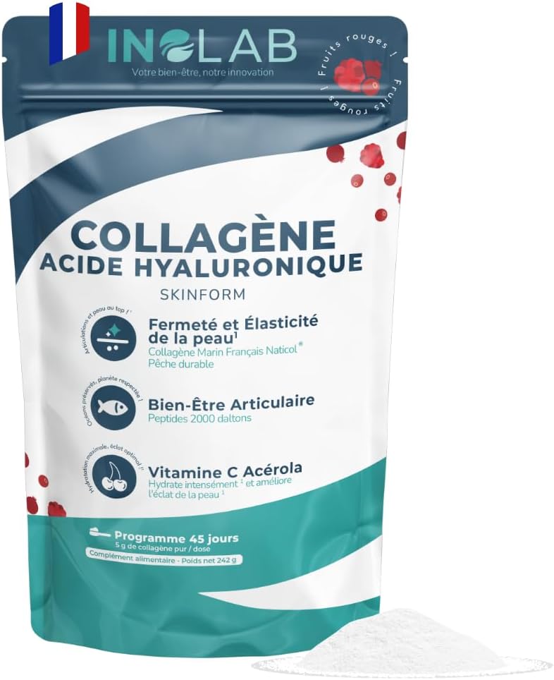 INOLAB Collagene Marin poudre & Acide Hyaluronique & Acérola Bio - Collagène marin Français Breveté 2000 Da - - Arôme Naturel Fruits Rouges - 45 Doses de 5,38 g/jour
