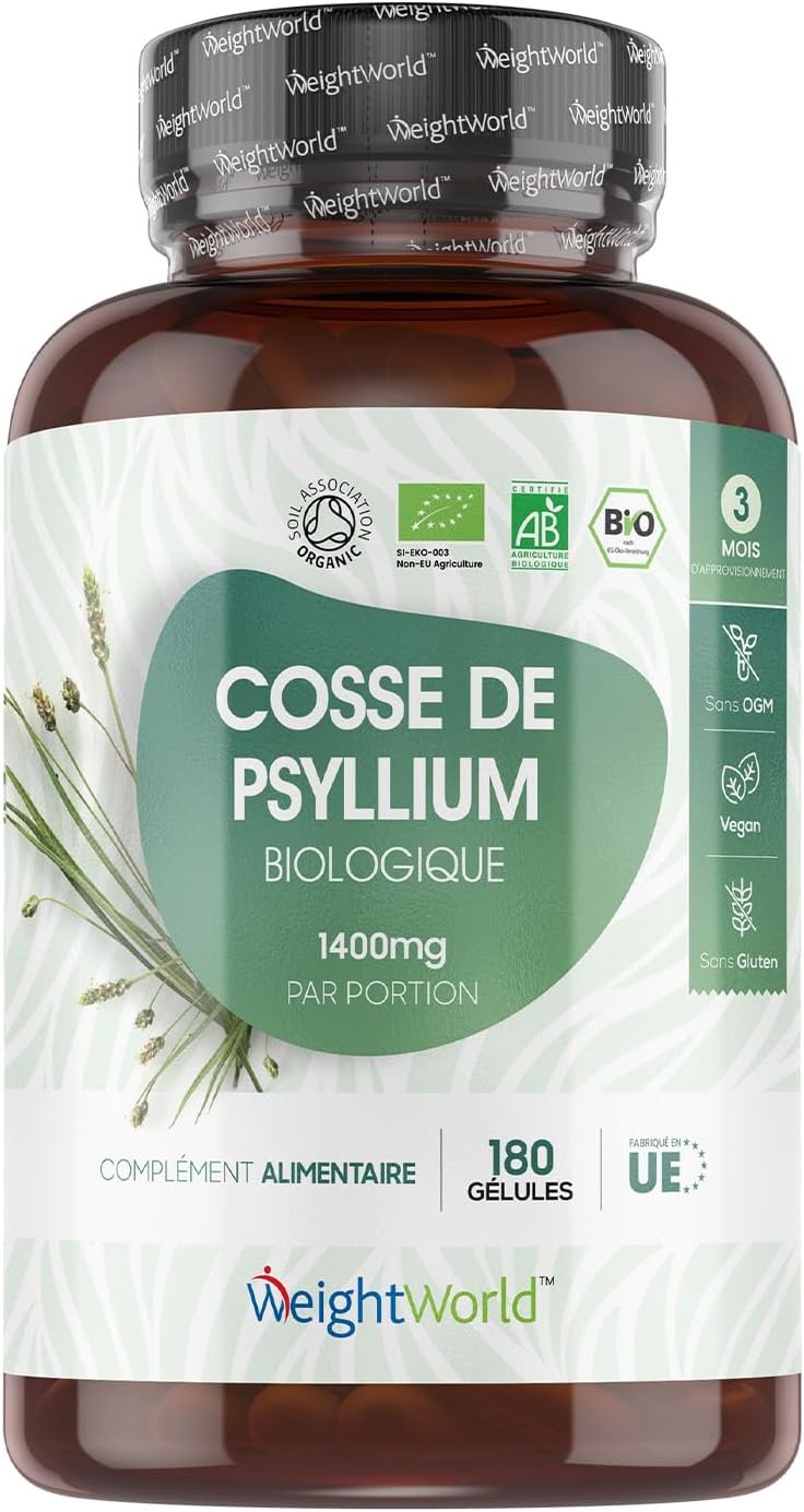 Psyllium Blond Bio 180 Gélules Vegan Pour 3 Mois -Tégument de Graine de Plantago Ovata - Cosse de Psyllium Husk Riche en Fibre Alimentaire, Alternative à la Poudre - Sans Gluten & OGM, Fabriqué en UE