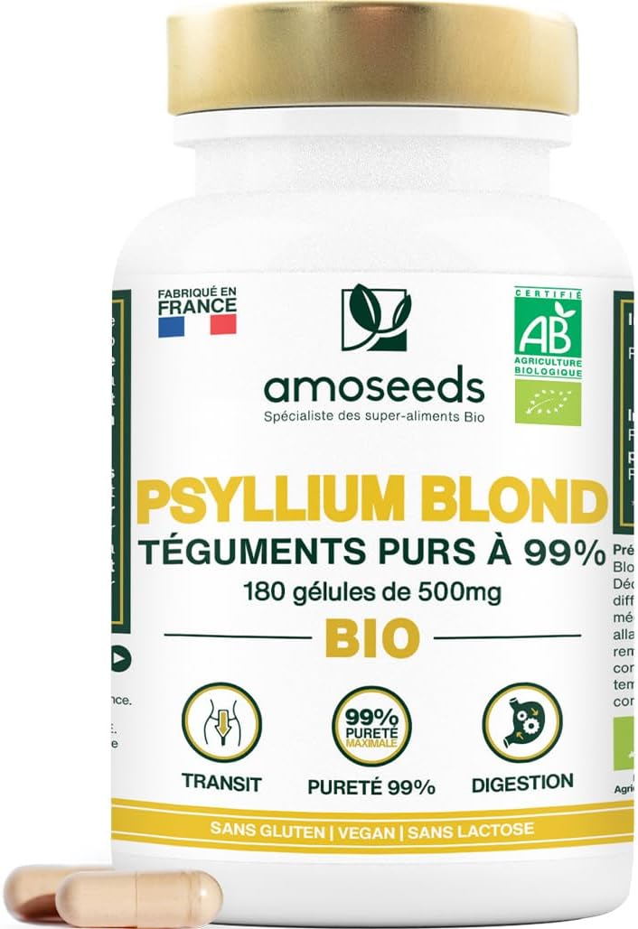 Psyllium Blond BIO, Téguments purs à 99% - 3000mg par jour - 180 gélules de 500mg - Transit, Digestion, Cœur - Qualité Supérieure