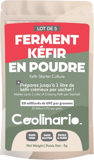Ferment kéfir (5 Sachets de 1g) Cultures vivantes avec probiotiques - Crémeux, acidulé, sans gluten, Halal, Kasher - Sans conservateurs Paquet de 5