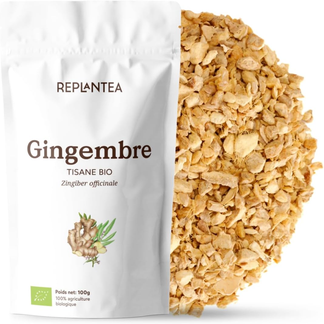 TISANE DE GINGEMBRE BIO 100g (50 Tasses) - 100% Racine de Gingembre Bio - Thé au Gingembre Zingiber officinale REPLANTEA
