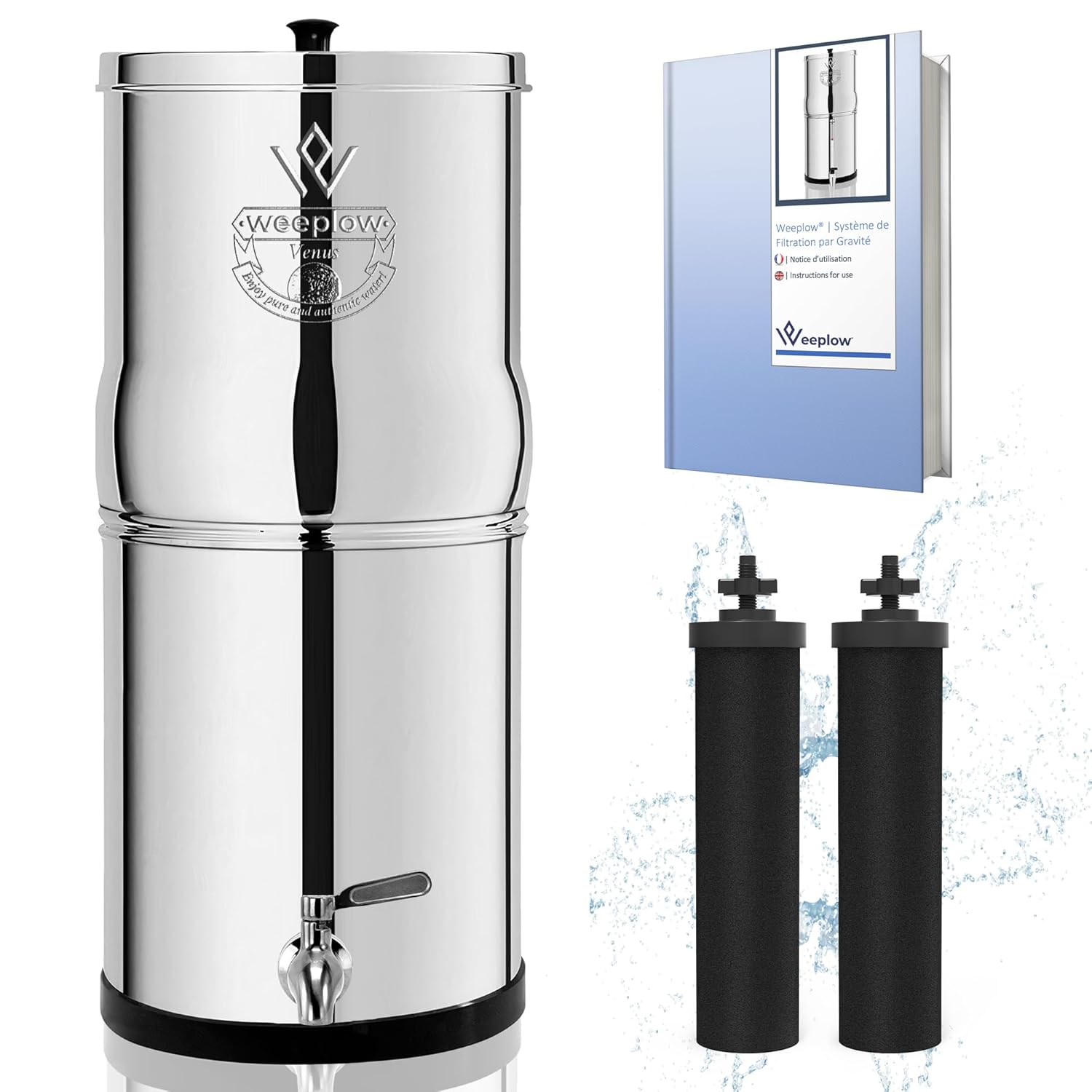 Weeplow® Venus ECO - Système de Filtration d'Eau par Gravité 5.6L Litres AISI 304 avec 2 Eléments de Purification O'Pure 2 Et Robinet 100% Inox (Inox, 5.6L ECO) Inox 5.6L ECO