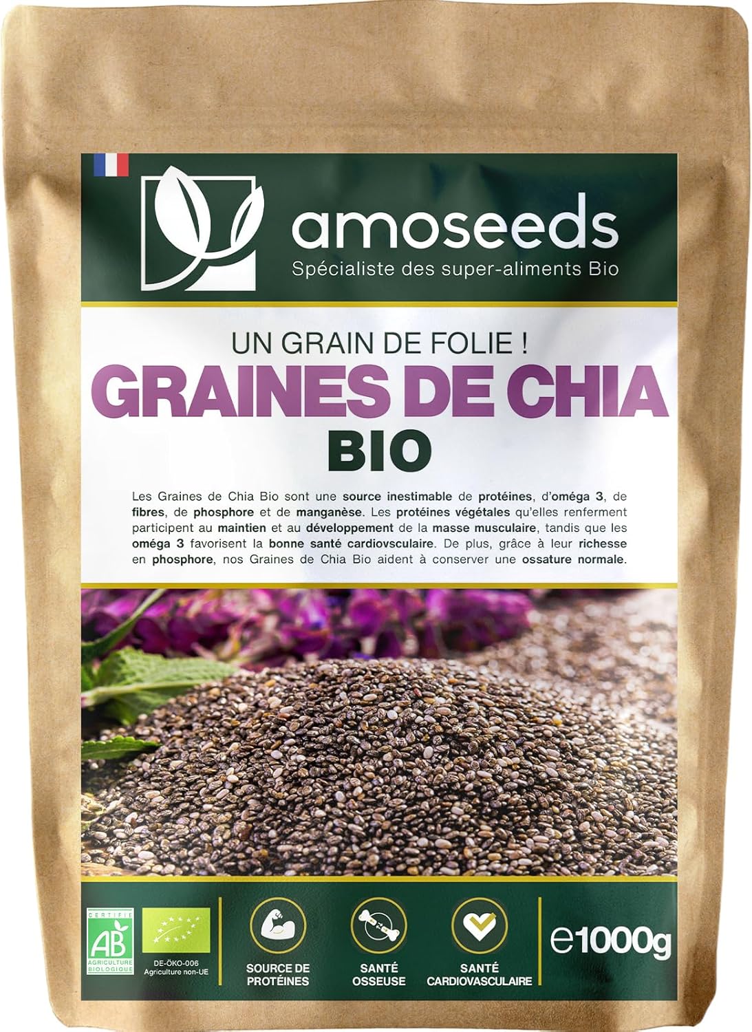 Graines de Chia Bio 1KG - Sources de Protéines, Oméga 3, Fibres - Salvia Hispanica - Qualité Supérieure