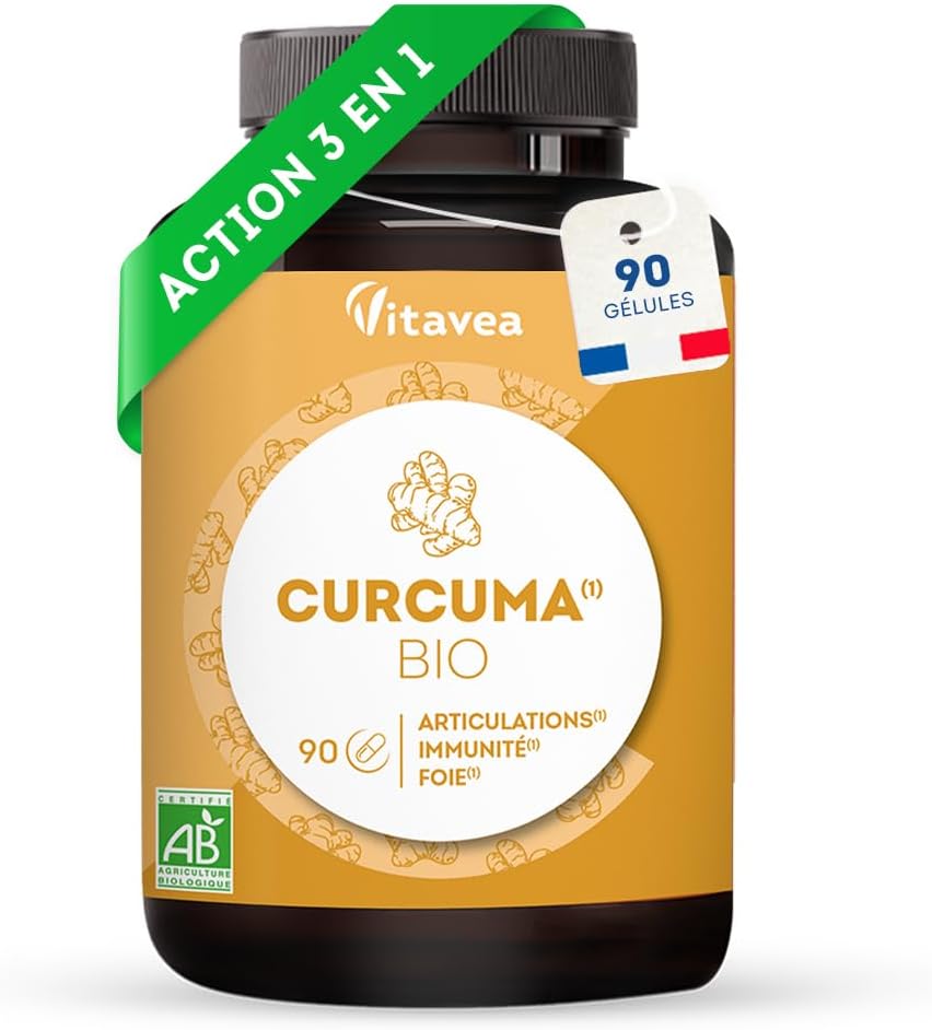 Curcuma BIO Pur Sans Pipérine ni Poivre Noir - Bien-Être Articulaire, Santé du Foie, Immunité - 90 gélules - Fabriqué en France - Vitavea